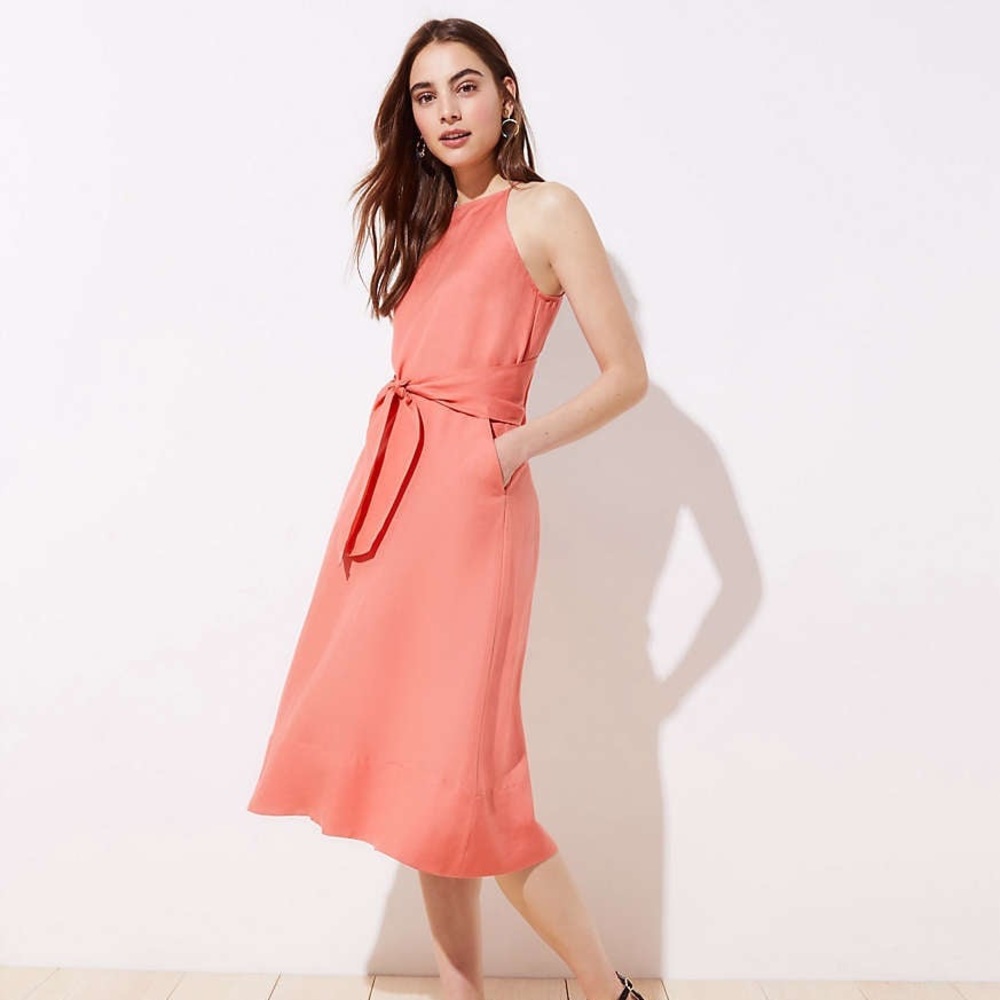LOFT peach linen halter dress with POCKETS!